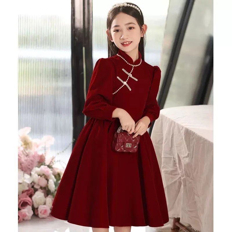 女童公主裙新款加绒秋冬高档儿童红色旗袍洋气礼服拜年裙子连衣裙
