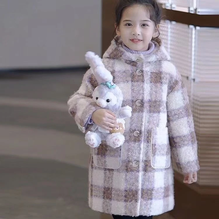 女童外套2023秋冬装新款中大儿童洋气连帽格中长款女孩大衣潮
