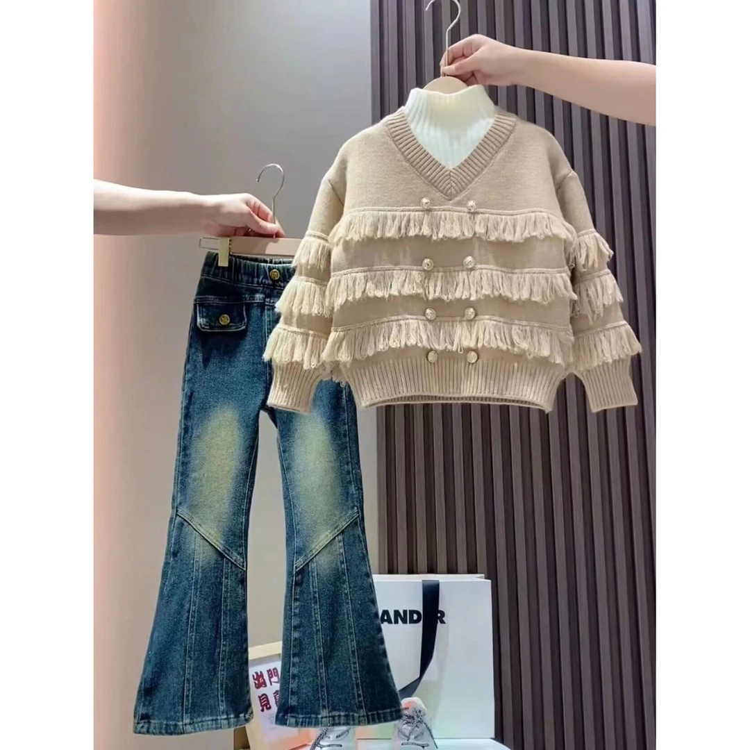 女童秋冬套装2023新款洋气中大童流苏假两件毛衣牛仔裤两件套