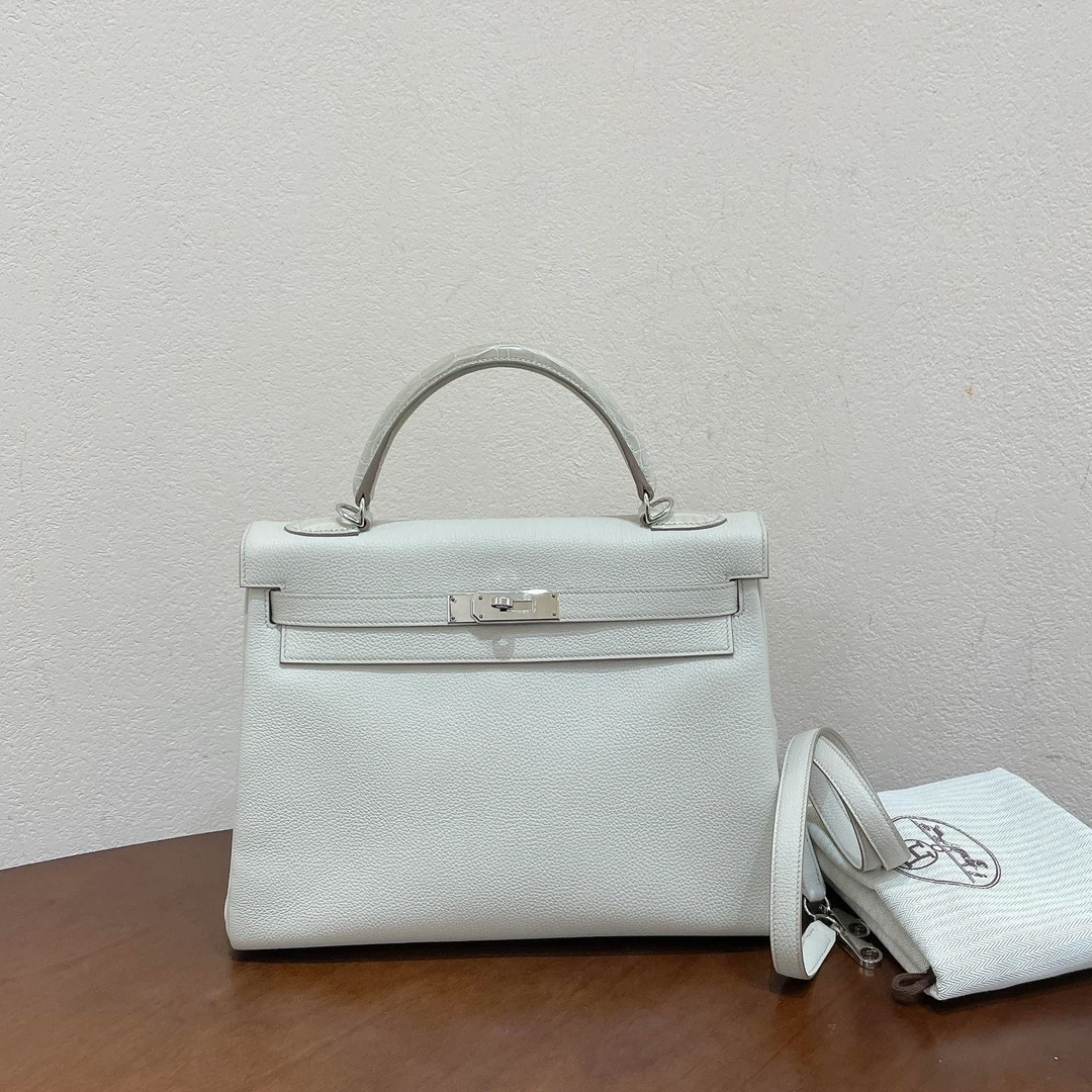 95新 一泽奢品/Hermes/kelly32 白拼鳄鱼手柄手提包/Z24030906
