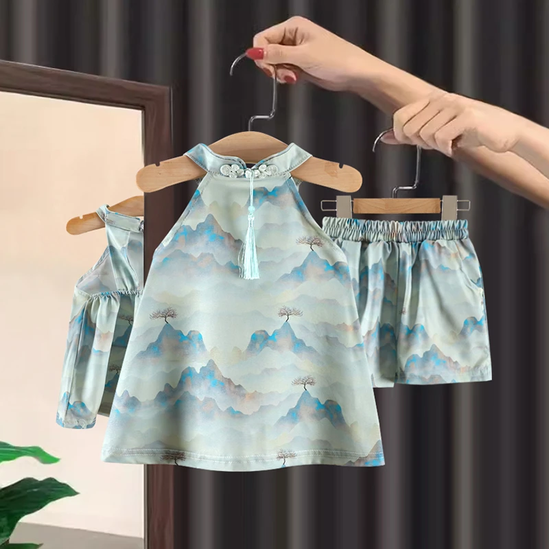 女童夏季套装中国风山水黛洋气公主复古薄款小女孩两件套无袖女宝