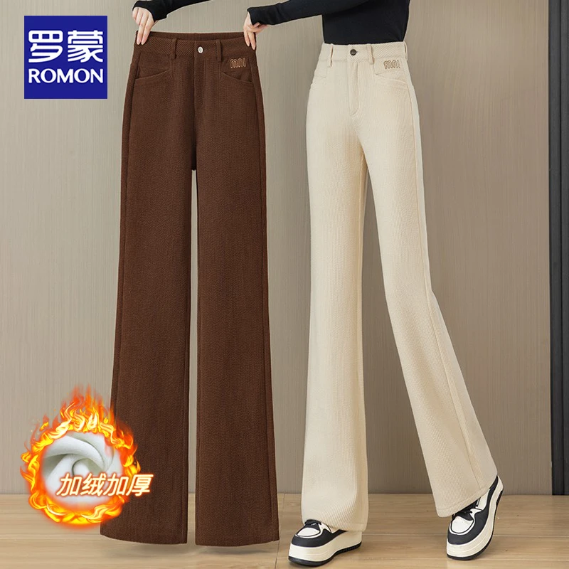 Romon/罗蒙灯芯绒微喇裤女裤2025春秋冬新款高腰休闲裤显瘦加绒裤