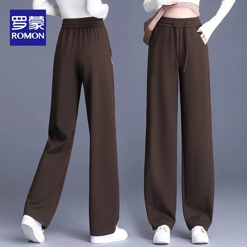 Romon/罗蒙阔腿裤子女秋季宽松2024新款高腰垂感直筒拖地休闲卫裤