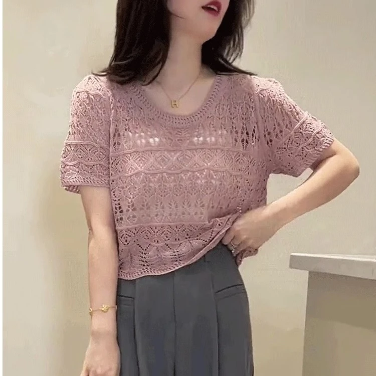 镂空薄款冰丝针织衫短袖女2025新款夏季漂亮小衫短款上衣夏天女款