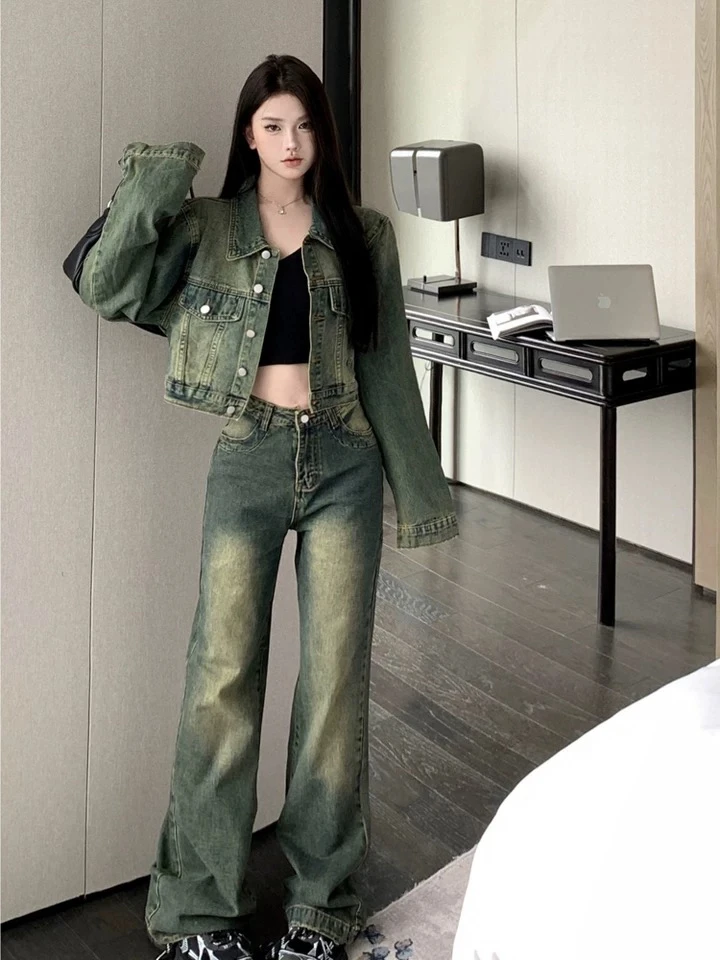 甜酷港风套装女复古翻领长袖牛仔外套秋季高腰阔腿裤牛仔裤两件套