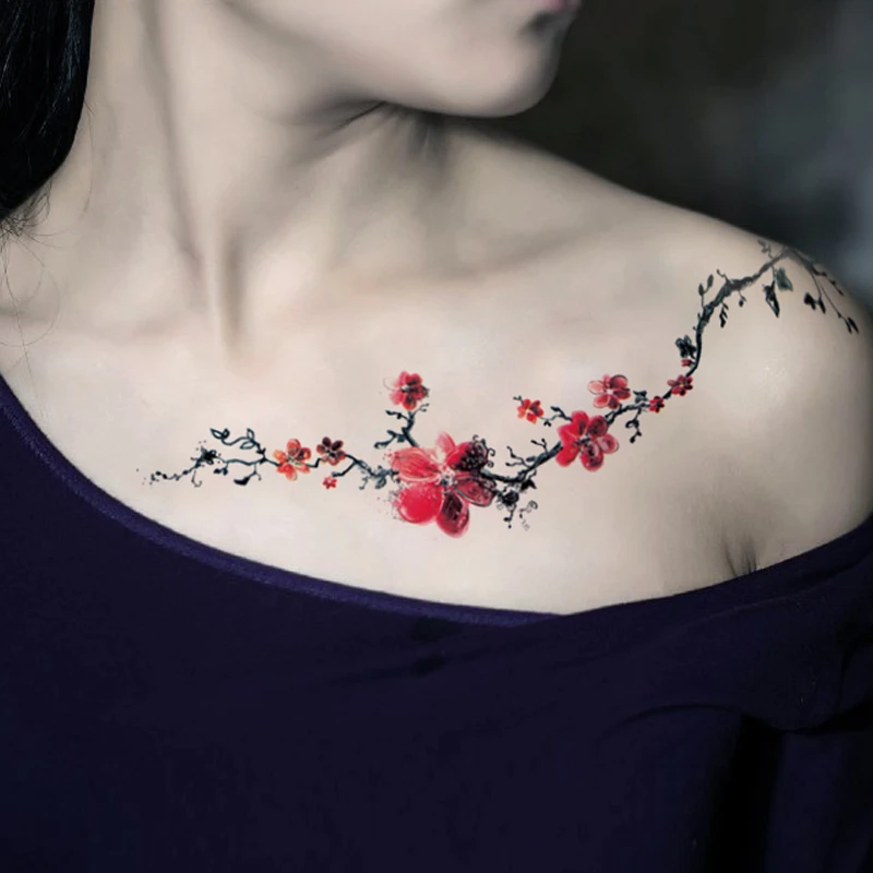 纹墨轩中国风性感小清新女款梅花枝条花藤防水仿真胸口后背纹身贴