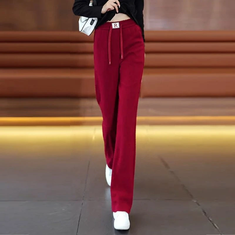 红色雪尼尔阔腿裤女春秋季新款女裤垂坠感宽松条绒窄版直筒裤裤子