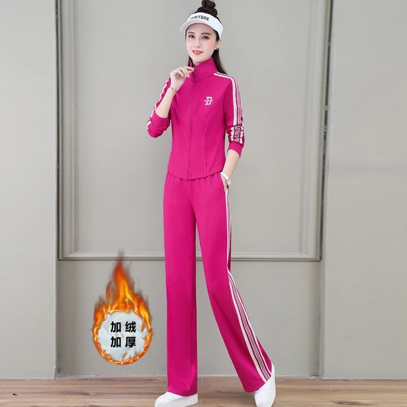 运动套装女2024秋冬新款跑步修身时尚阔腿裤休闲服加绒卫衣两件套