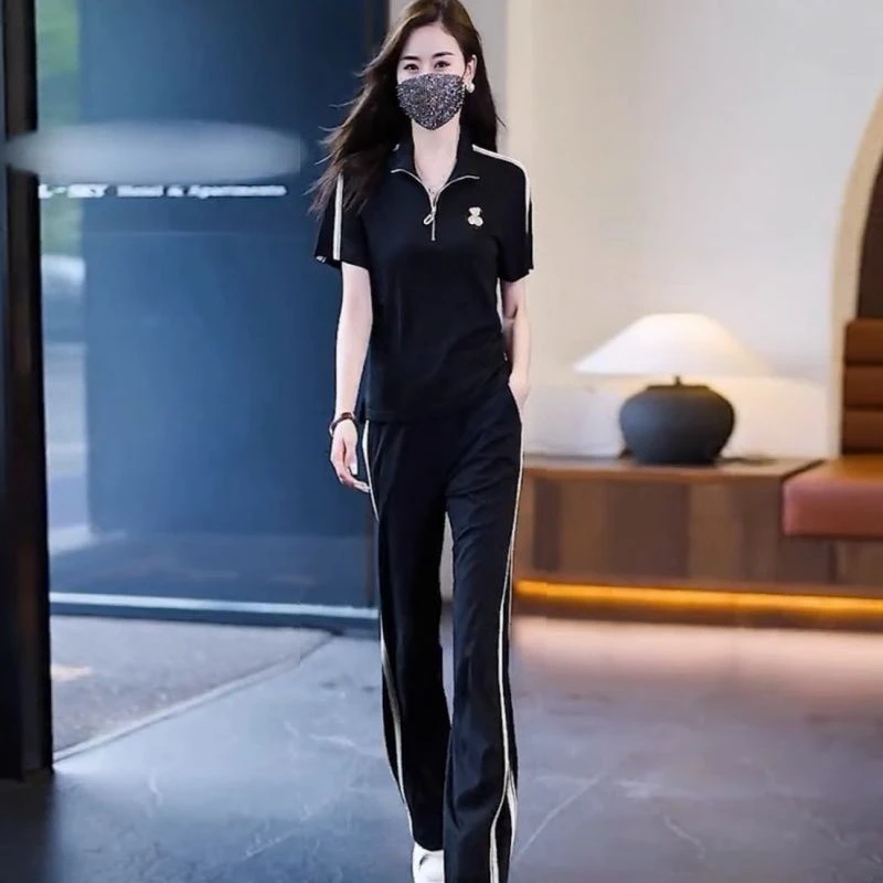 运动服套装女2024夏季新款休闲时尚气质显瘦翻领短袖直筒裤两件套