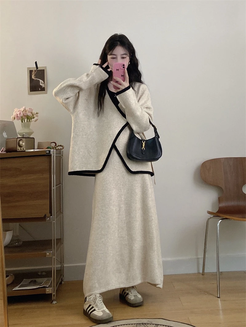 大码秋冬新款胖MM懒风不规则针织V领长袖外套上衣半身裙套装