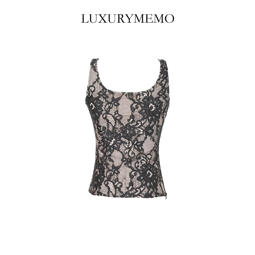 LUXURYMEMO【刘熊熊】秋季新款蕾丝女图腾背心打底内搭