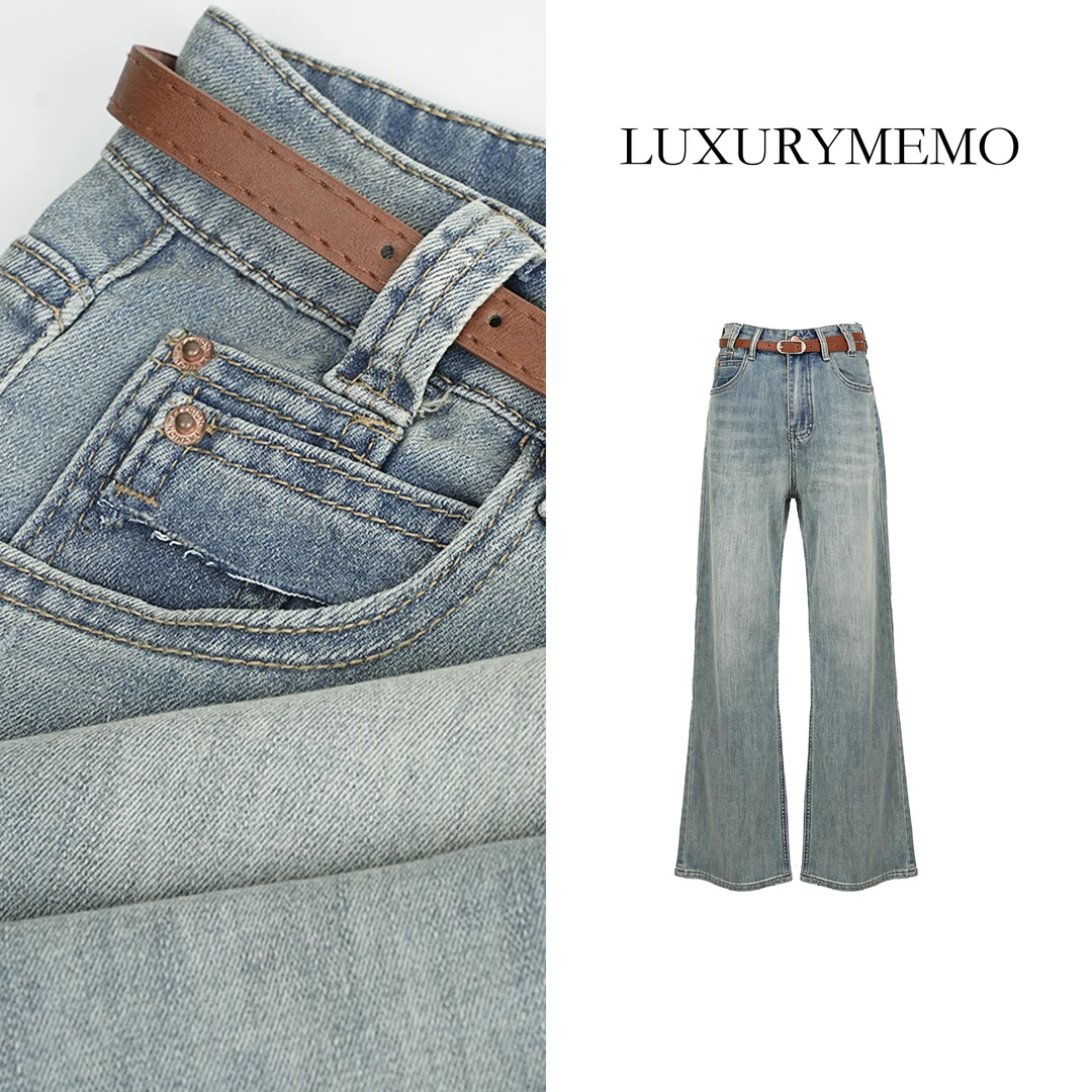LUXURYMEMO【刘熊熊】高腰显瘦直筒裤 百搭遮胯牛仔裤