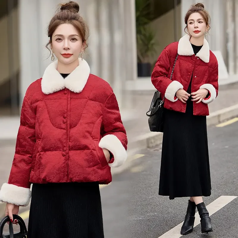 新中式羽绒服女短款冬季新款欧货韩系时尚洋气国风提花白鸭绒外套