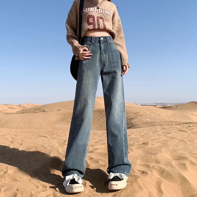 星空纹麦穗纹阔腿牛仔裤女宽松高腰垂感百搭拖地裤显瘦