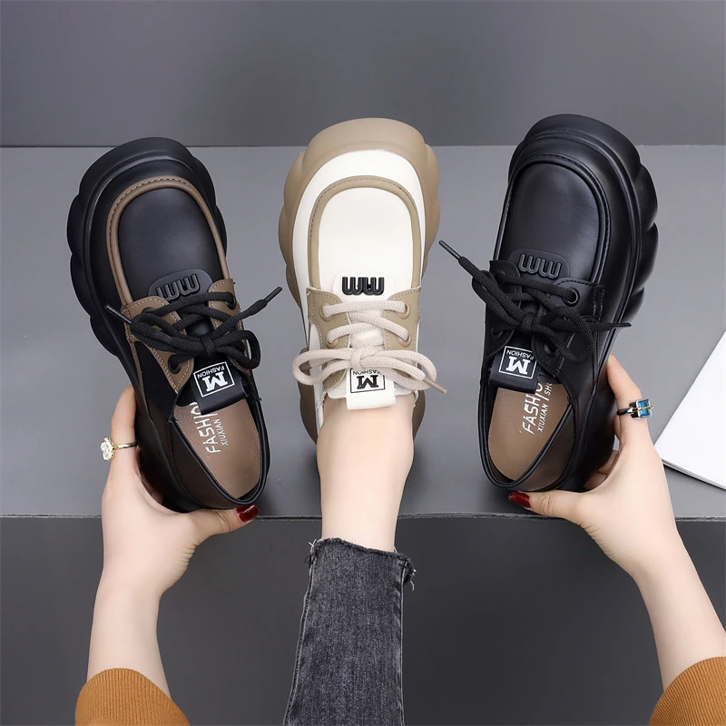 2024年春秋季新款单鞋英伦风厚底小皮鞋女百搭圆头粗跟增高乐福鞋