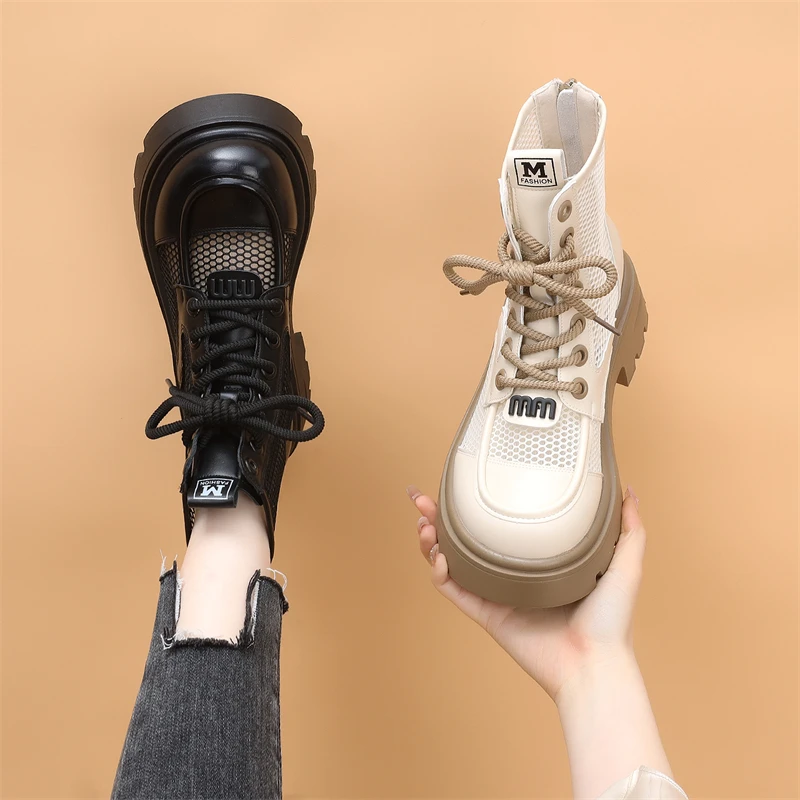 真皮厚底网纱马丁靴女2025夏新款增高镂空凉靴透气短靴百搭轻便靴