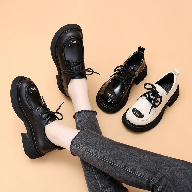 小码34厚底乐福鞋女春秋单鞋百搭黑色防滑英伦风系带软底小皮鞋女