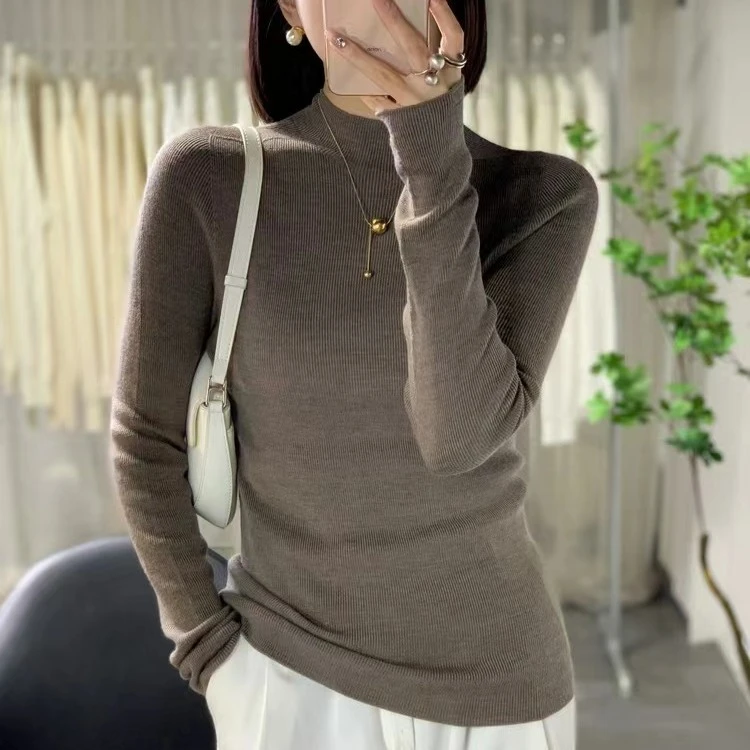 云缘100%精纺羊毛衫女可机洗秋冬半高领修身百搭针织打底衫上衣