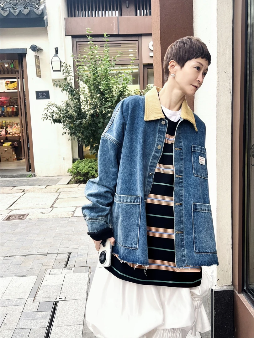 韩国小众2024新款撞色翻领百搭牛仔夹克翻领ins休闲外套NO退秋季