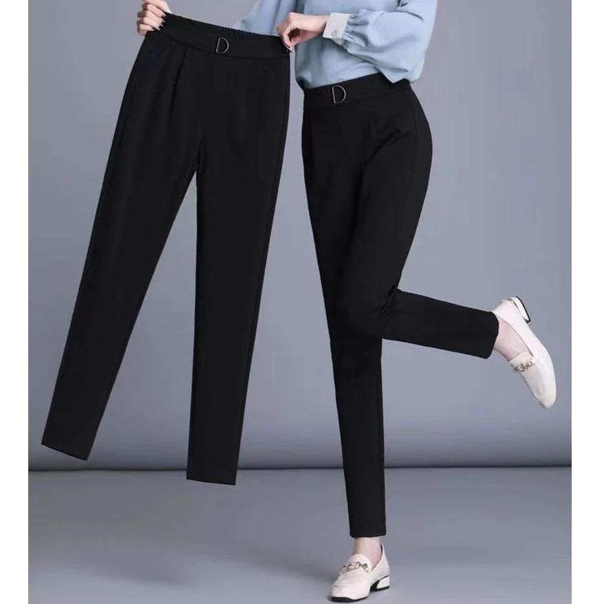 春秋新款时尚裤高腰显瘦哈伦裤子修身弹力小脚百搭黑色女冰丝韩版