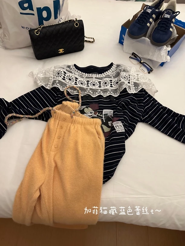 Buyfunny宝藏店铺~时尚百搭蕾丝加菲猫T恤