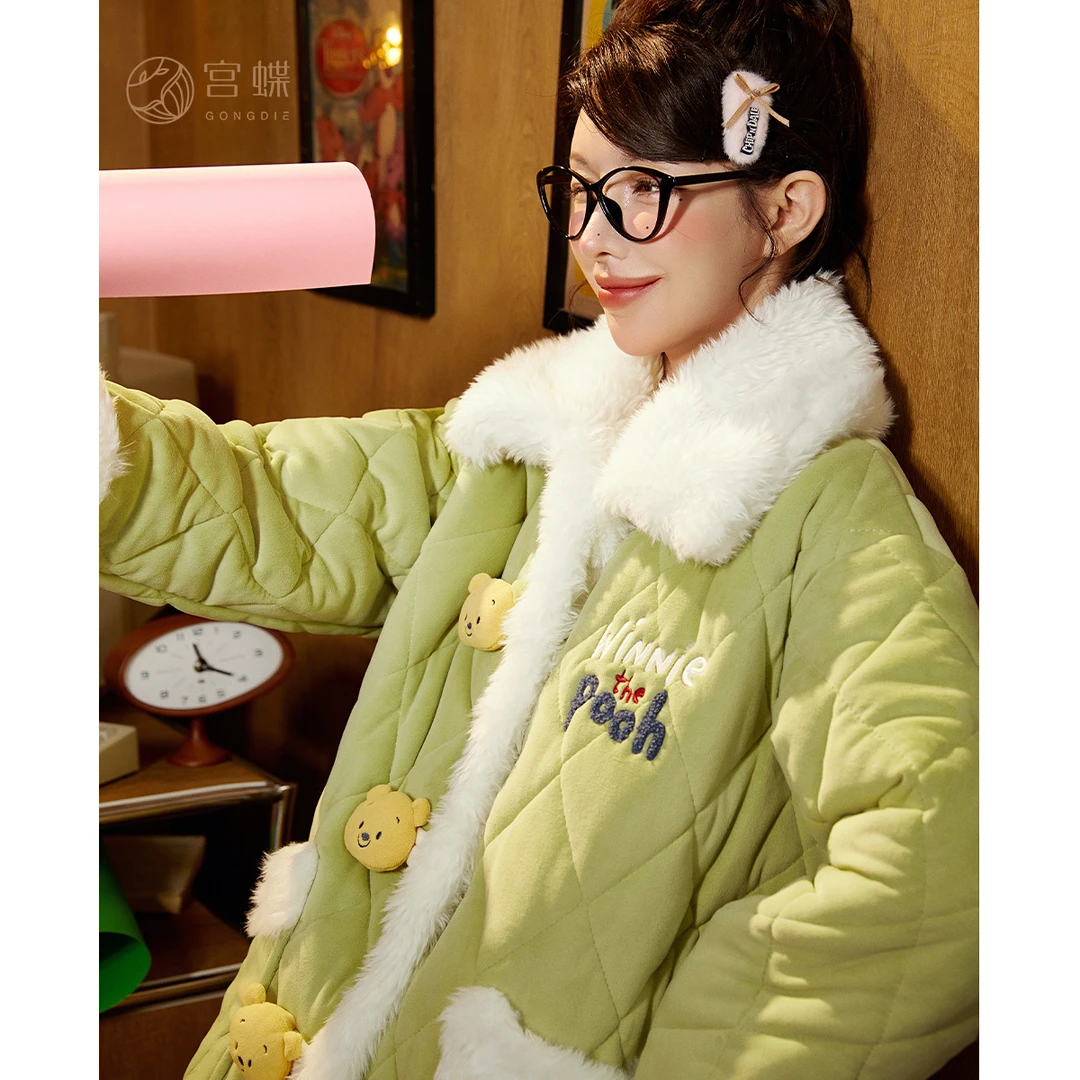 宫蝶【御寒型】迪士尼噗噗熊秋冬珊瑚绒夹棉睡衣女可爱保暖家居服