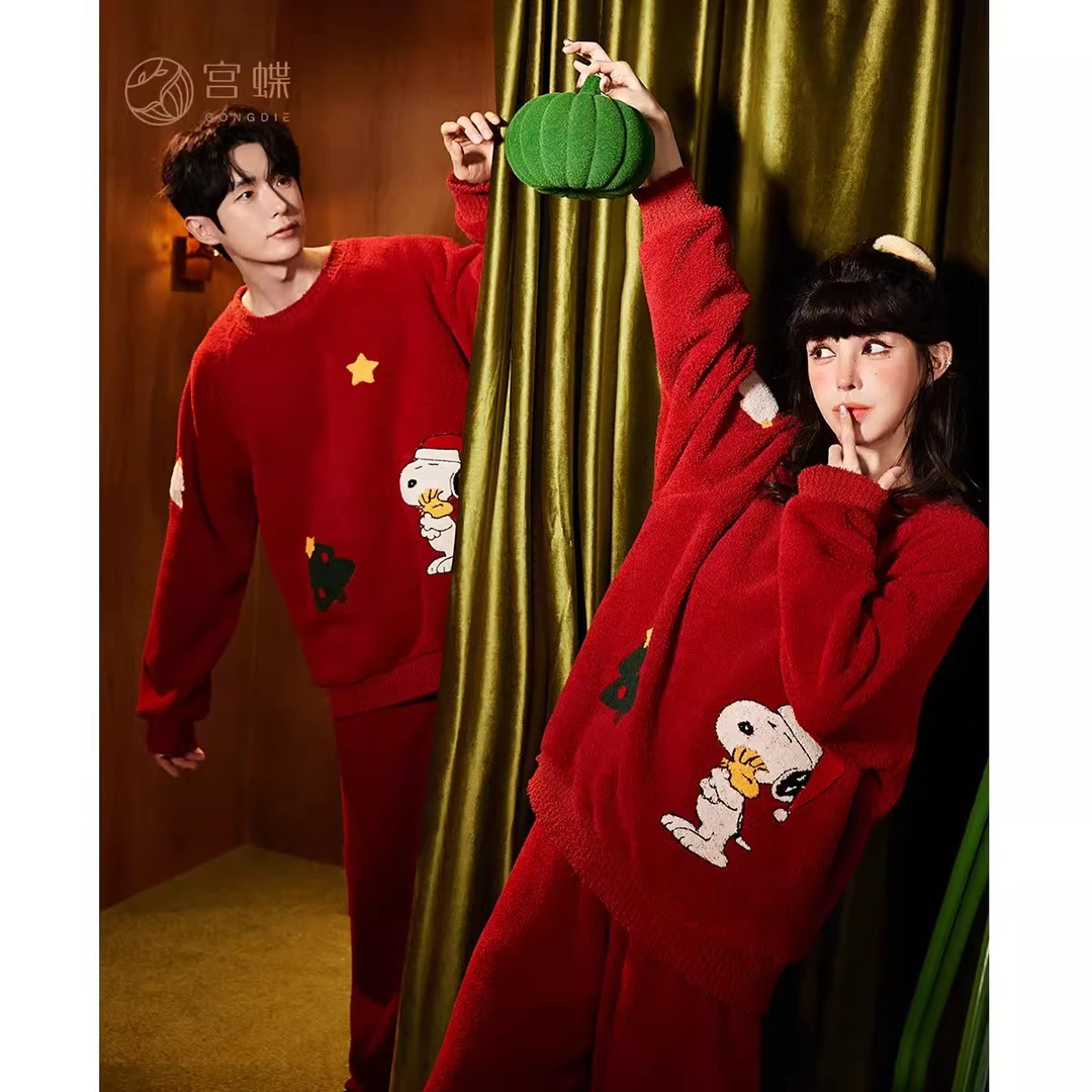 宫蝶【蓄热型】史努比红色情侣睡衣女米粒绒保暖圣诞家居服套装男
