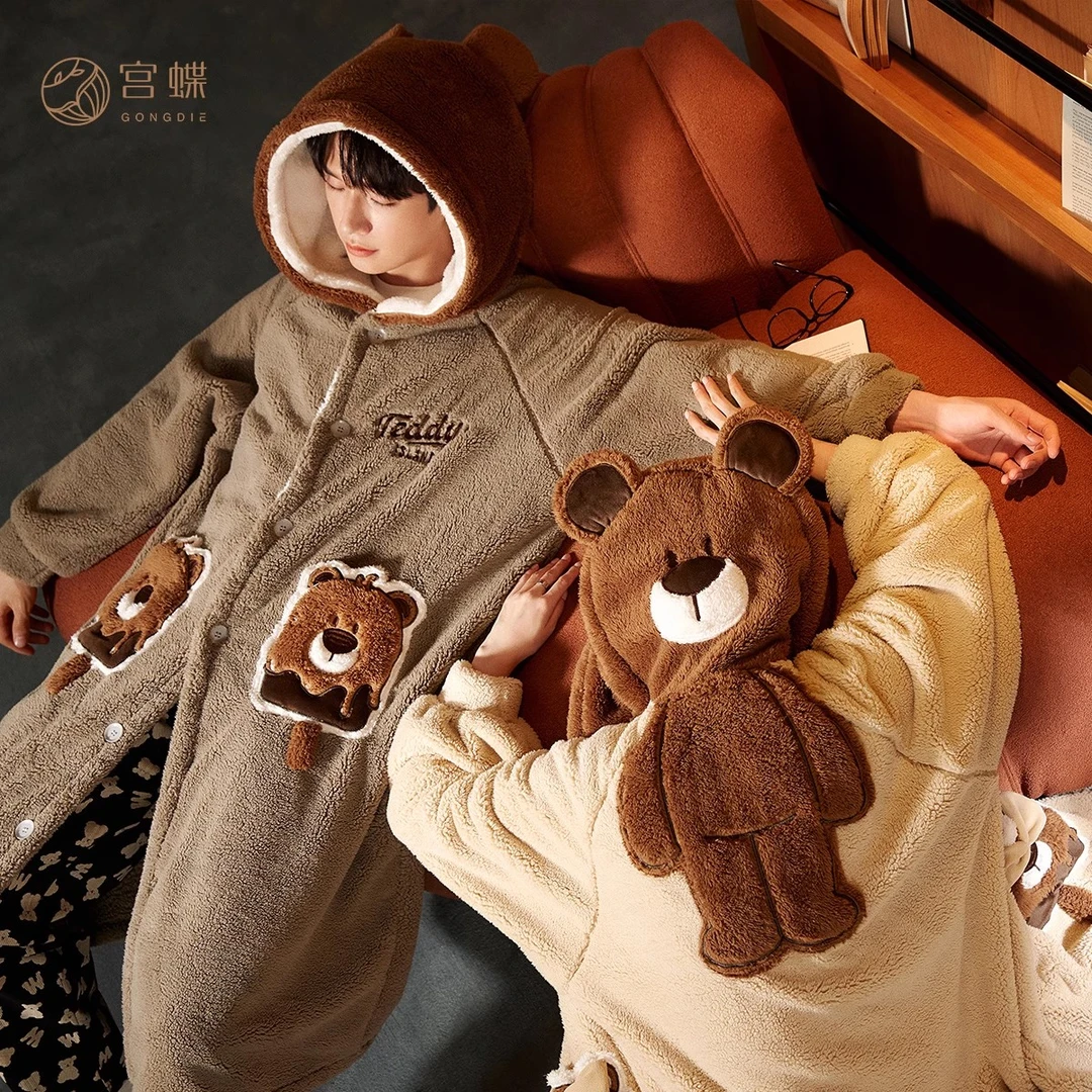 宫蝶【蓄热型】泰迪熊联名情侣睡衣女秋冬珊瑚绒加厚家居服睡袍男