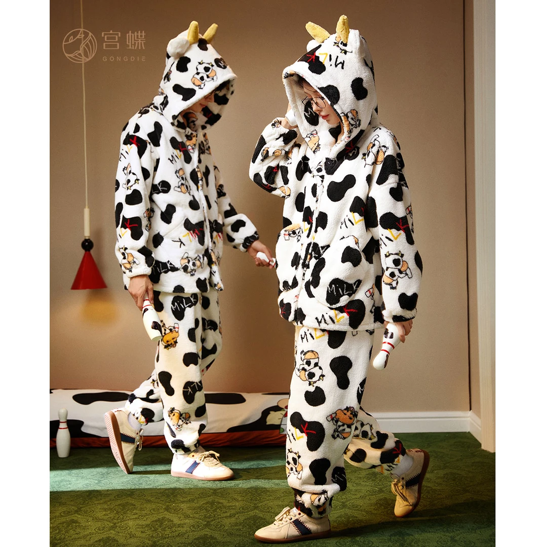 宫蝶【礼袋装】蜡笔小新情侣睡衣女秋冬加厚珊瑚绒男士家居服套装