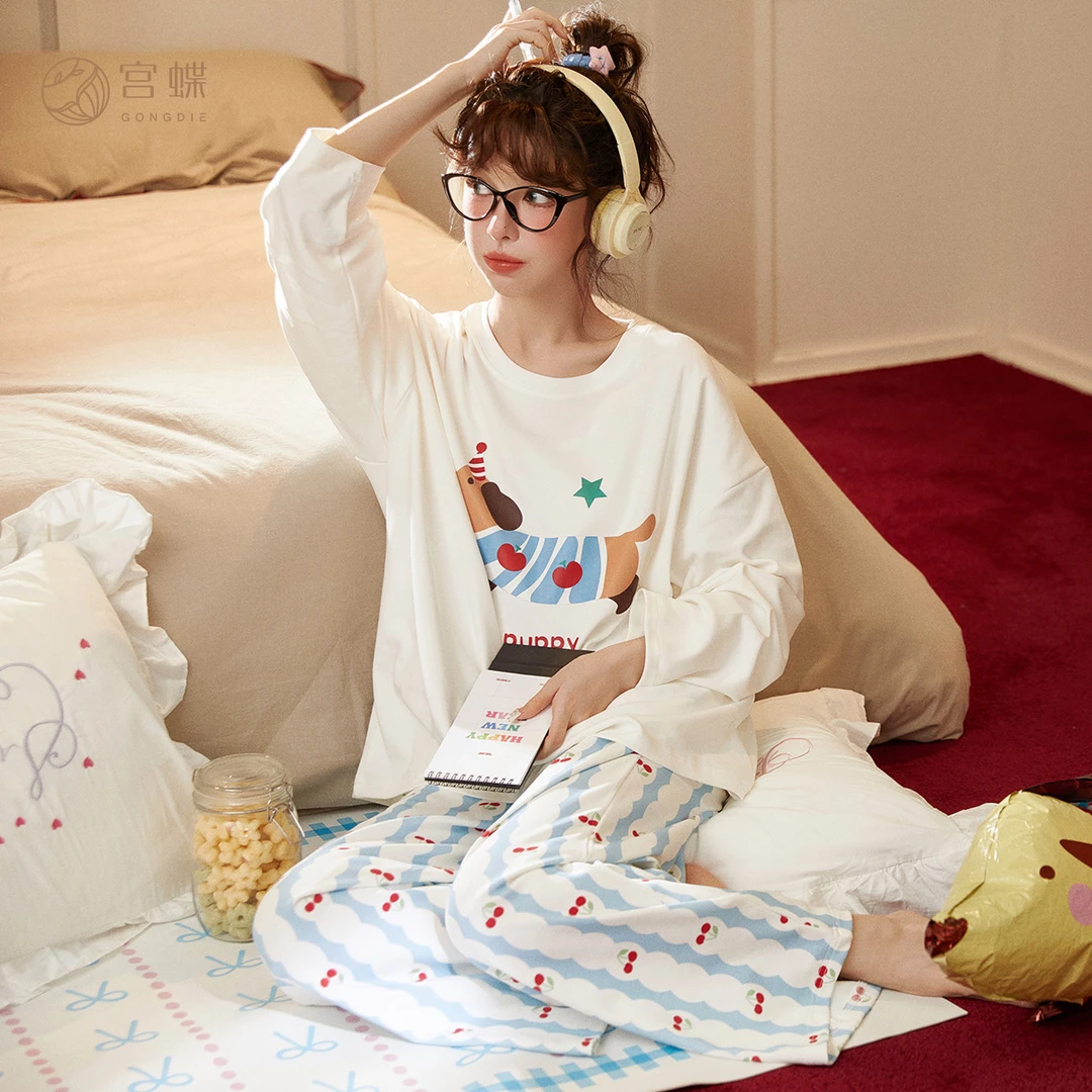 宫蝶【轻柔软】腊肠狗睡衣女春秋纯棉长袖套装卡通可爱小狗家居服