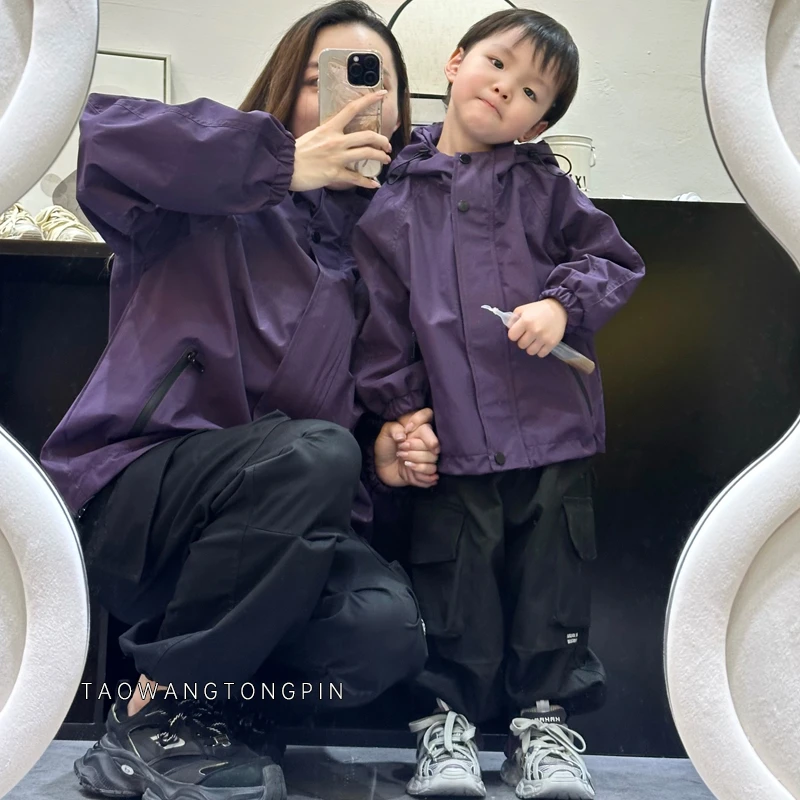 【舟舟妈原创】春秋秋新款韩版男女童亲子纯色连帽防风风衣外套冲锋