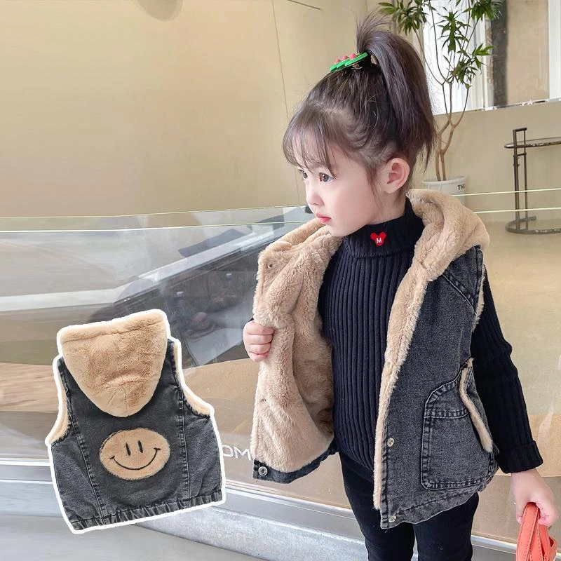 衣酷儿童牛仔马甲冬季加厚加绒女童秋冬背心宝宝洋气外穿连帽坎肩
