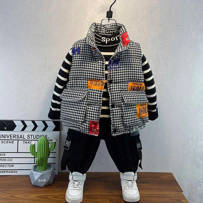 衣酷儿童加厚马甲秋冬洋气宝宝棉服千鸟格保暖外套男童外穿马夹潮
