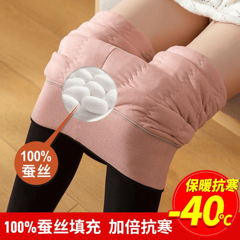 高档蚕丝棉裤女士冬季新款加绒加厚秋裤高腰打底裤大码紧身保暖裤