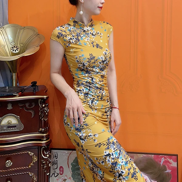 【举止娴雅】轻奢复古中国风印花旗袍优雅名媛褶皱修身侧开衩连衣裙