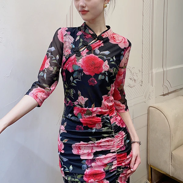 【现货】春季服饰长款气质修身时尚优雅连衣裙复古国风日常旗袍