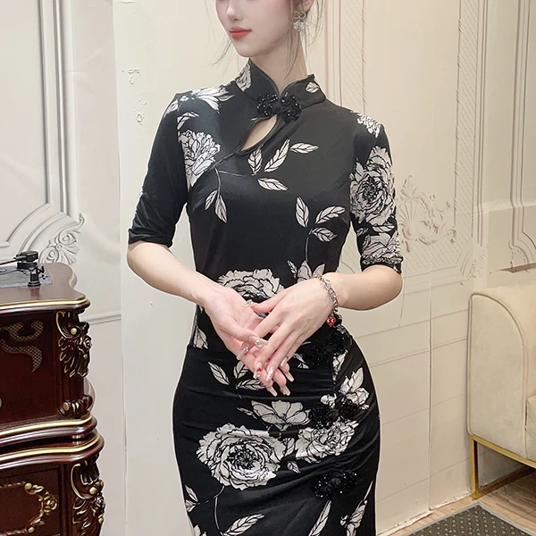 【上新】新款国潮黑色印花修身旗袍长款夏开叉轻熟显瘦气质连衣裙