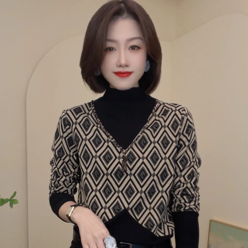 11040冬季新款半高领撞色长袖T恤时尚设计感气质女士小衫