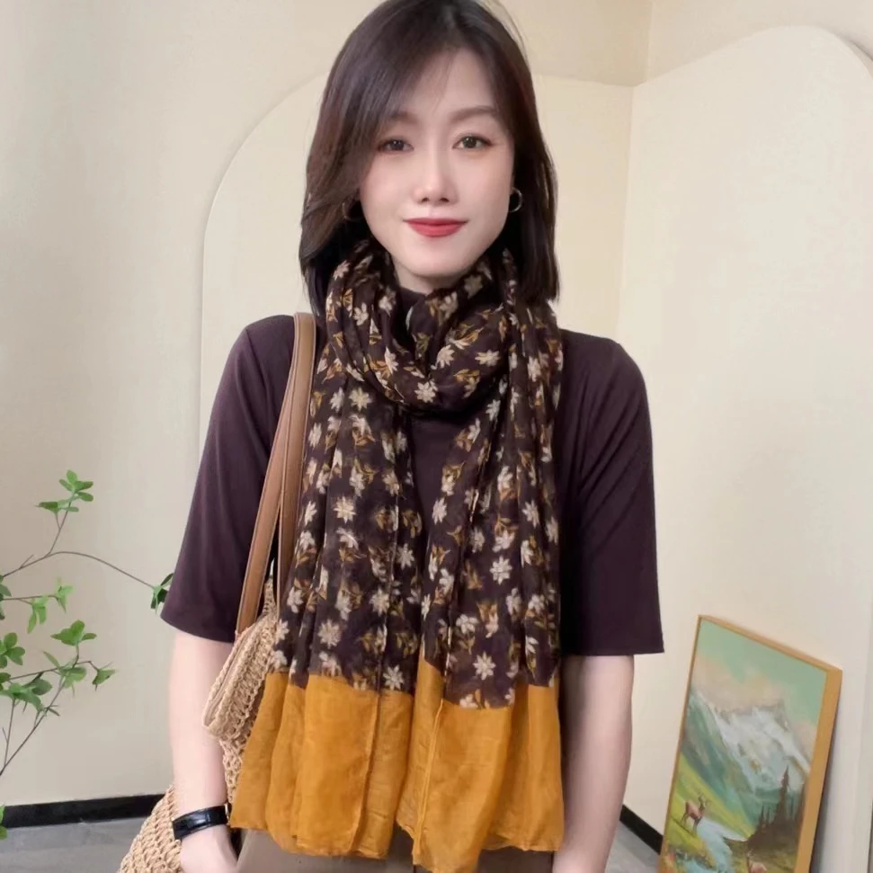 新款时尚印花气质双色拼接棉麻围巾女长款百搭丝巾文艺围脖披肩