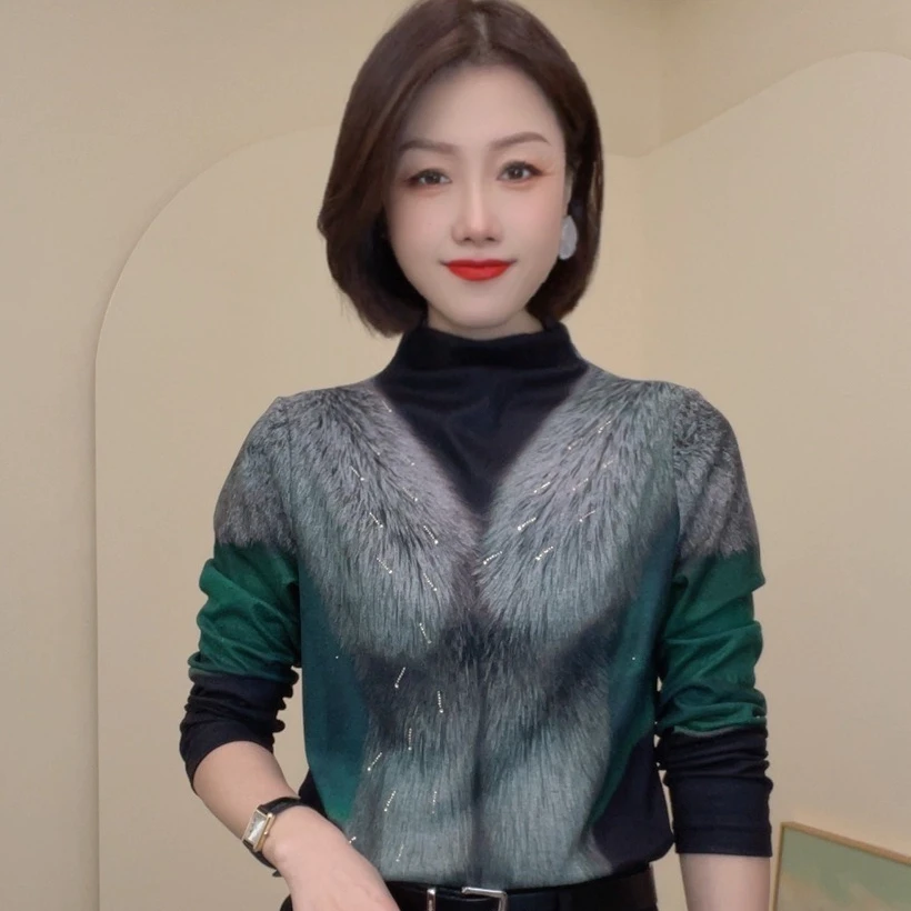 66720秋冬新款气质假两件长袖T恤时尚百搭洋气设计感女士小衫修身