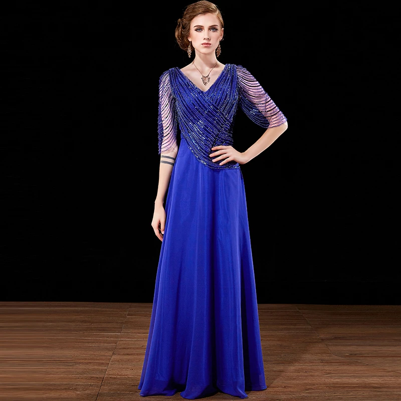 宝蓝色喜婆婆婚宴装晚礼服宴会高端轻奢气质女士秋季修身礼服裙