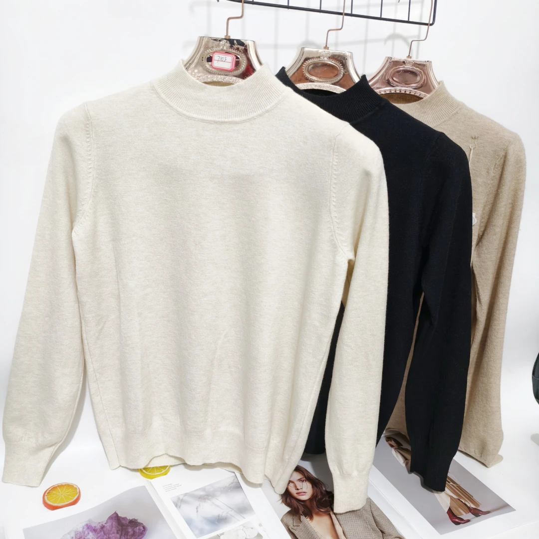 经典百搭2024春季中领薄款毛衣女内搭简约气质长袖宽松针织打底衫