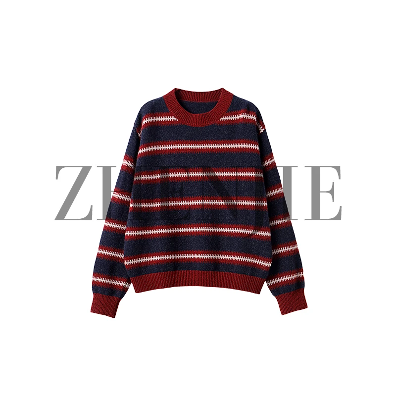 【珍姐】复古撞色条纹 软糯舒适宽松绵羊毛浣熊绒圆领针织衫DC5128