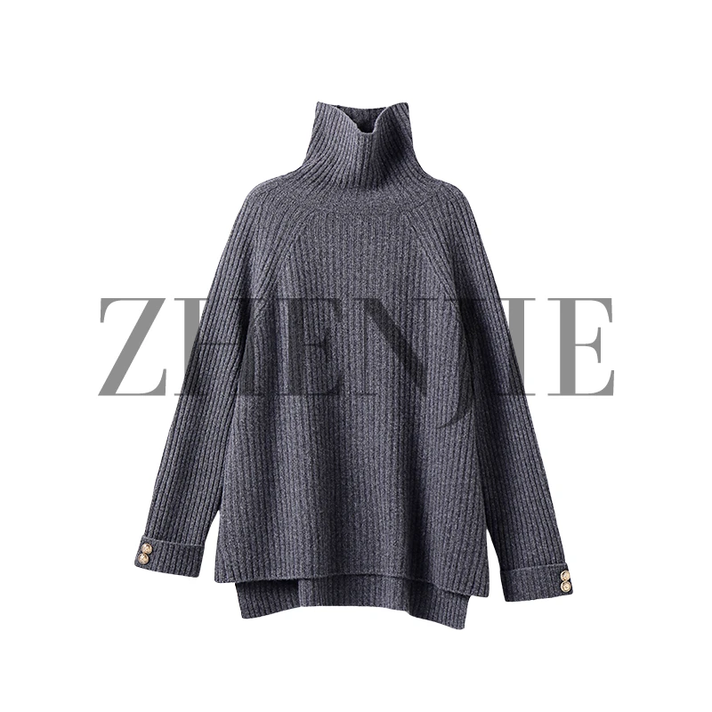 【珍姐】显瘦插肩袖 高克重100绵羊毛坑条纹遮臀高领针织毛衫DC5190