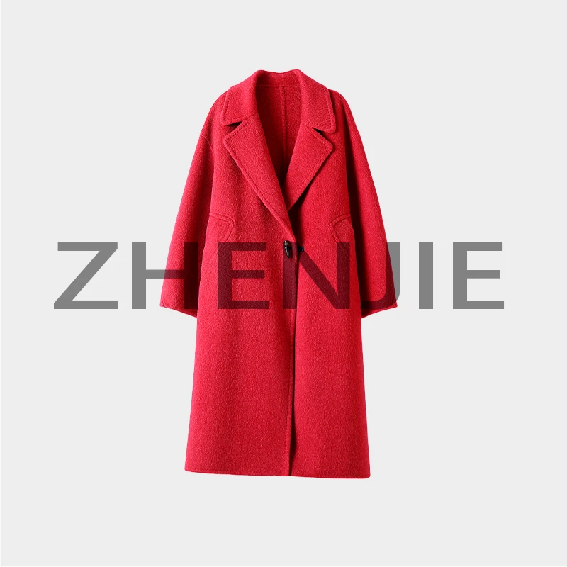 【珍姐】自在从绒 牛角扣落肩中长款双面呢山羊绒绵羊毛大衣DC4862