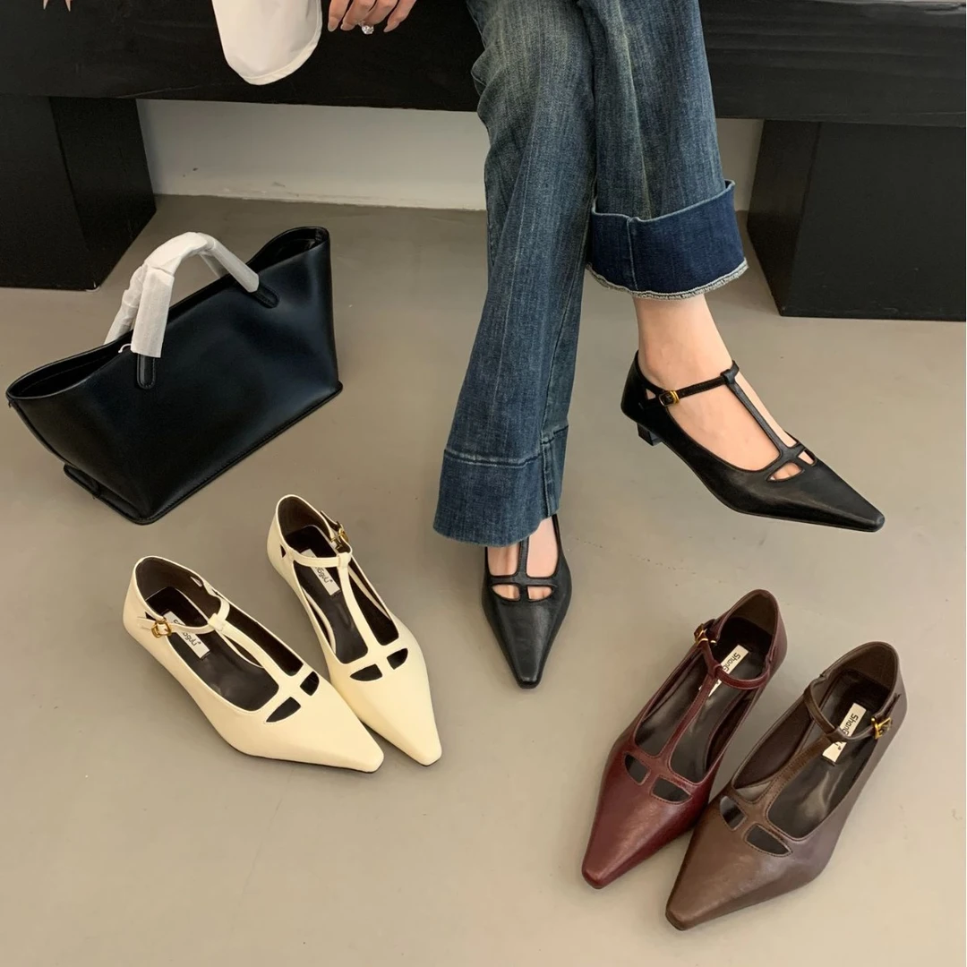 2025年春秋季新款时尚百搭复古风气质时尚丁字带浅口单鞋尖细跟
