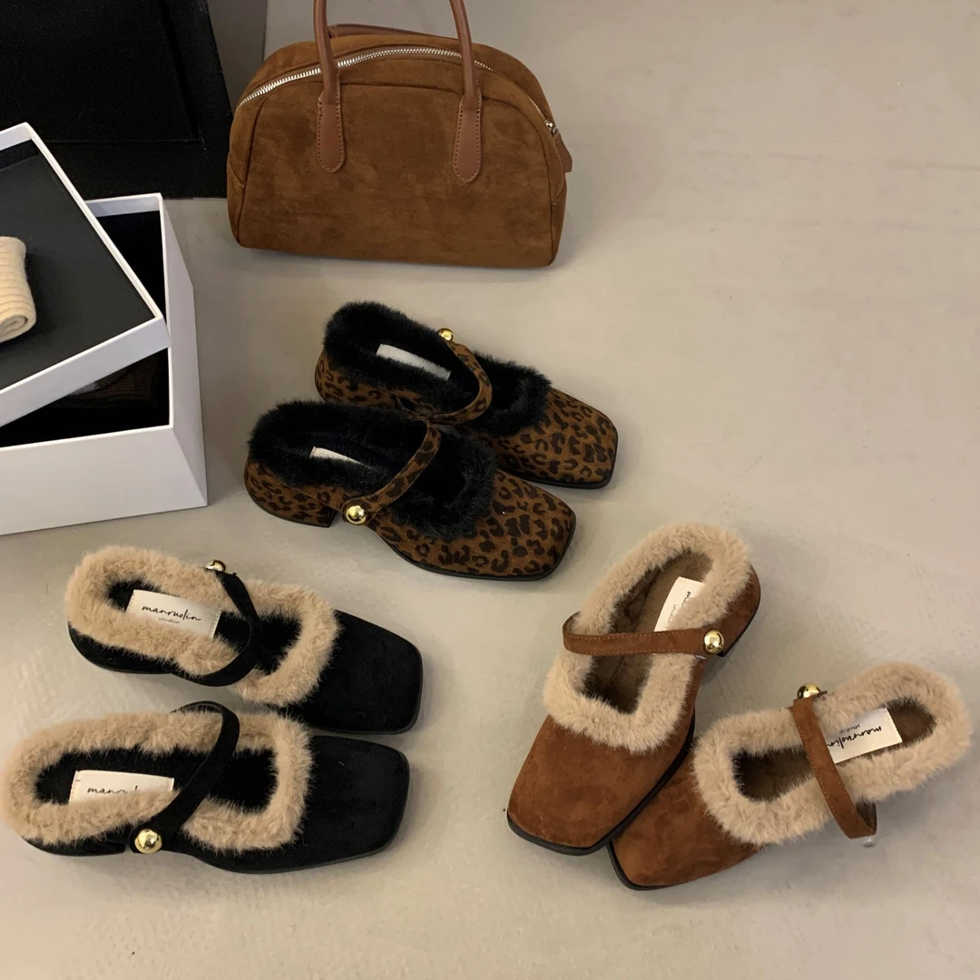 粗跟法式小香风毛毛拖鞋女鞋子2024新款秋冬季包头半拖鞋加绒棉鞋