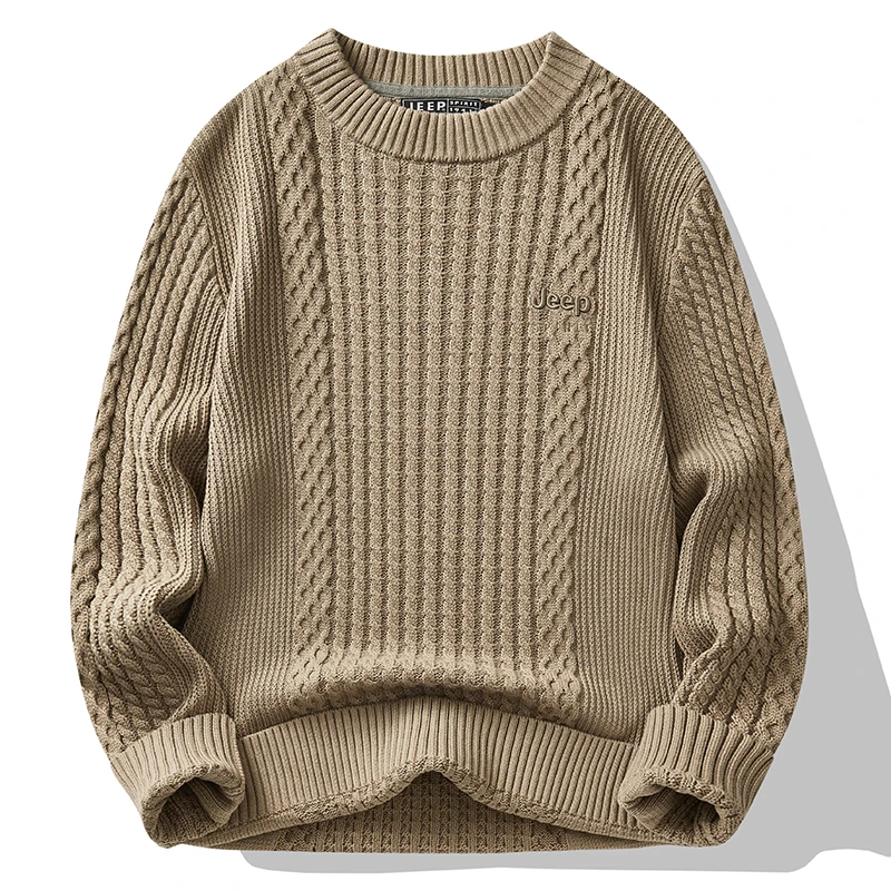 吉普麻花圆领毛衣男士秋冬季宽松打底针织衫2023新款潮流纯色线衣