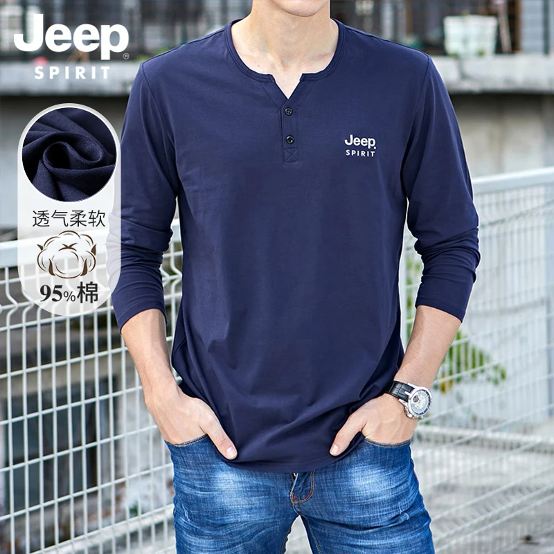 JEEP亨利衫男士长袖T恤秋季新款宽松内搭打底衫男休闲体恤衣服潮