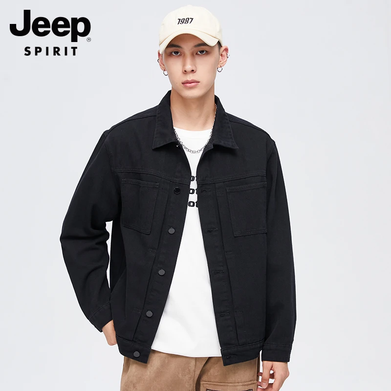 JEEP秋季新款美式休闲日系简约百搭纯色牛仔外套潮流微阔工装夹克